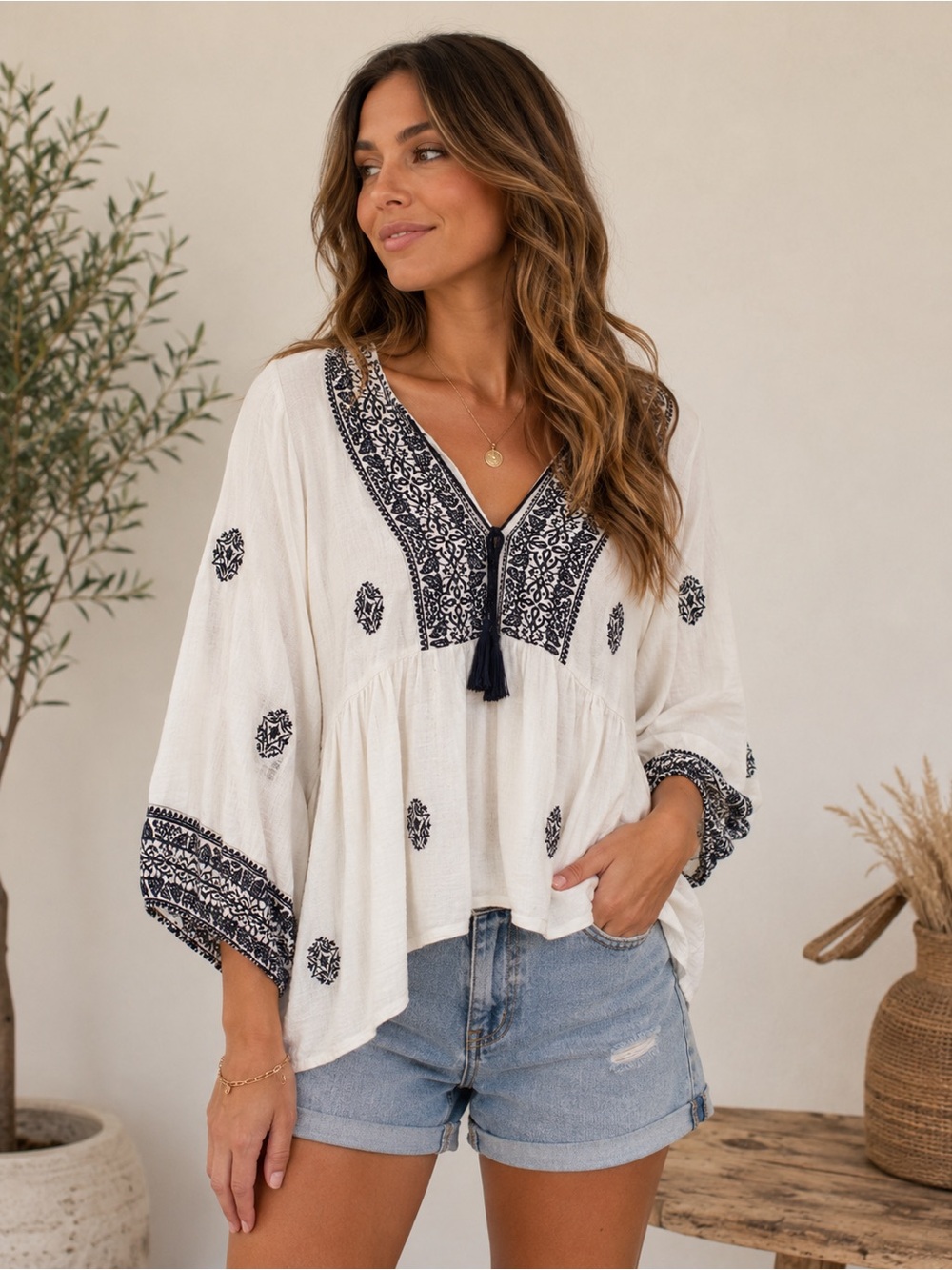 Zara White and Blue Embellished 3/4 Sleeve Blouse